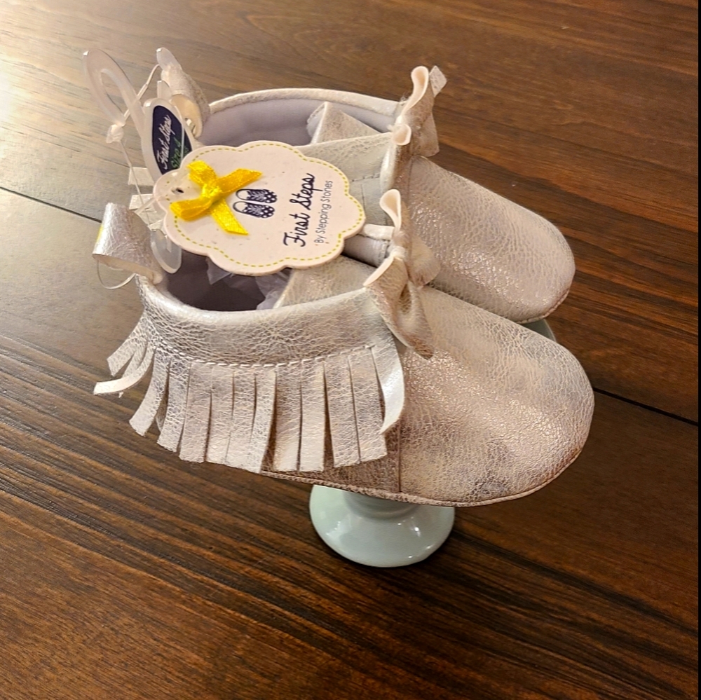 First Steps Silver Baby Moccasins